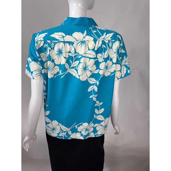 Hilo Hattie Womens Hawaiian Floral Button-Up Shirt Medium Teal & White 100% Cott - Picture 10 of 16